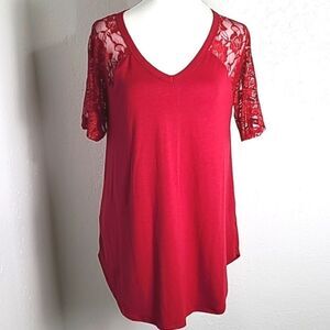 Zenana Red T-Shirt with Lace Shoulders & Lace Short Sleeves, Size Large, NWOT